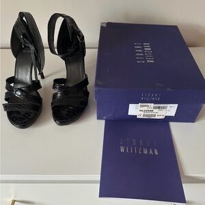 Stuart Weitzman Black Snake-Embossed Strappy Platform Heels